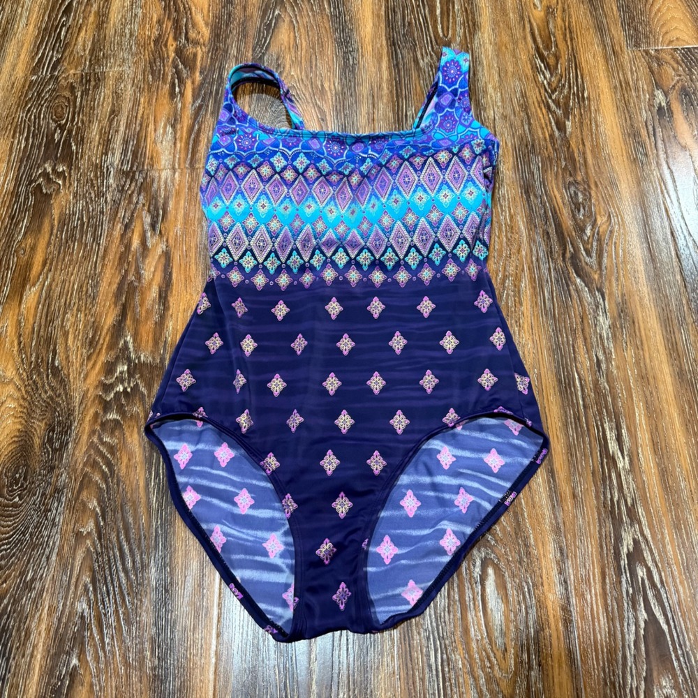 Longitude Womens Purple Gold Medallion One Piece Swimsuit Size 12 L Scoop Back